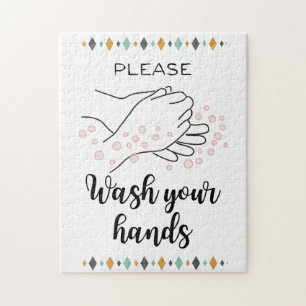 Please Wash Your Hands Bathroom Calligraphy Cute Jigsaw Puzzle