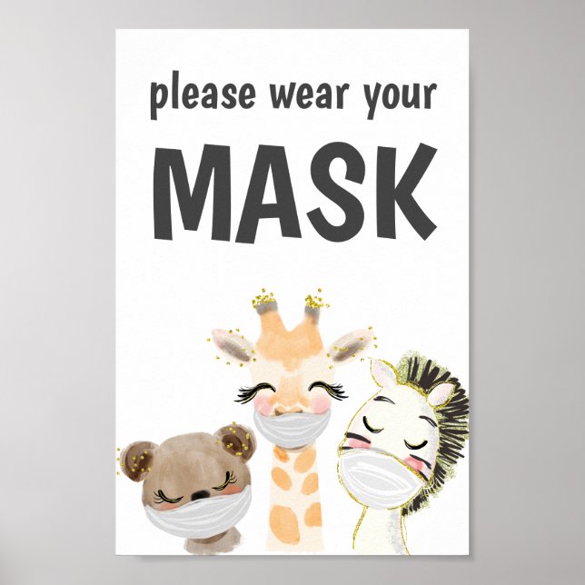 Please Wear A Mask Sign, Mask Required, Animals Poster (Front)