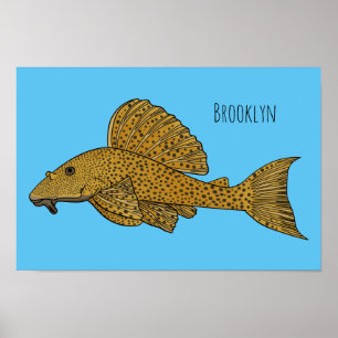 Pleco fish cartoon illustration  poster