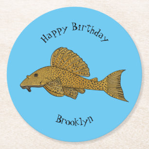 Pleco fish cartoon illustration round paper coaster