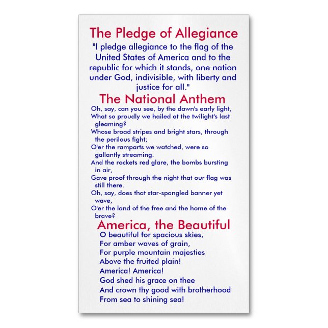 Pledge of Allegiance, National Anthem & America Magnetic Business Card (Front Vertical)