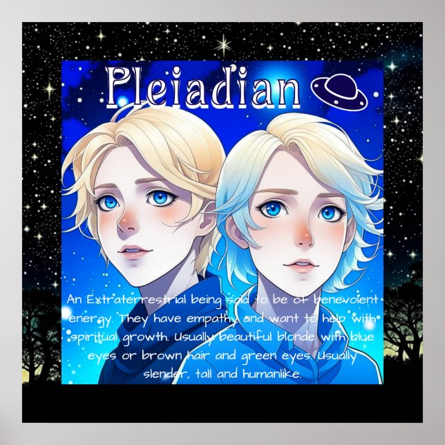 Pleiadian Alien Race with Stars and UFOs Poster (Front)