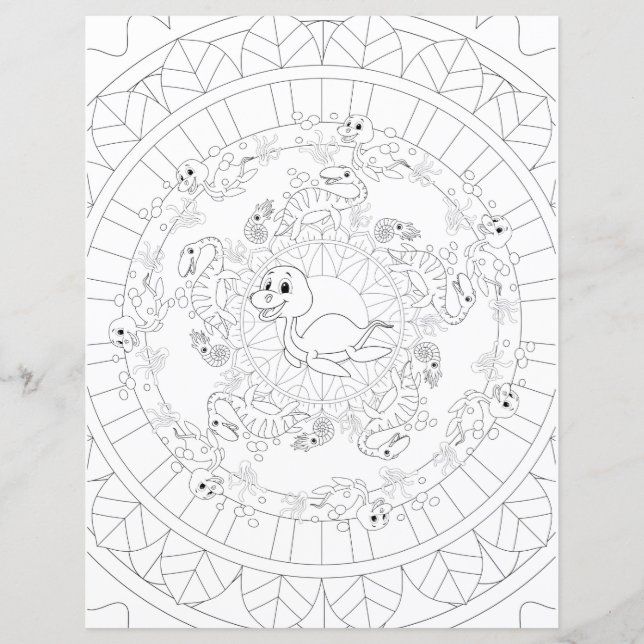 Plesiosaurus Dinosaur Mandala Kids Colouring Page (Front)