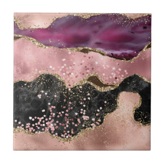 Plink Black Gold Glitter Marbled Agate Ceramic Tile