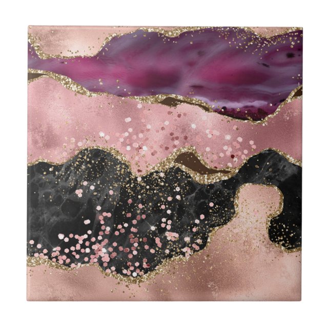 Plink Black Gold Glitter Marbled Agate Ceramic Tile (Front)