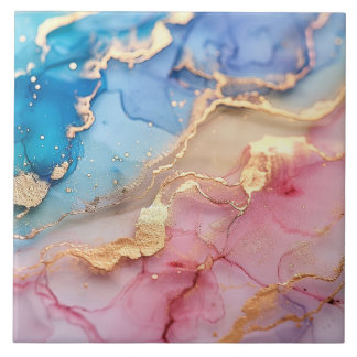 Plink Blue Gold Glitter Marbled Agate Ceramic  Ceramic Tile