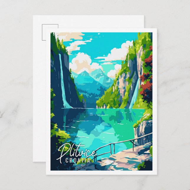 Plitvice Croatia vintage travel illustration Postcard (Front/Back)