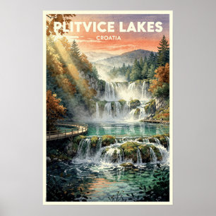 Plitvice Lakes Croatia Vintage Travel Poster