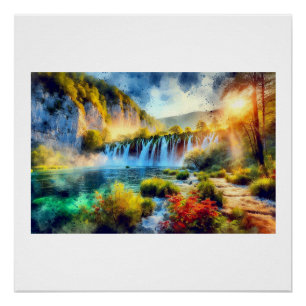 Plitvice Waterfalls at Sunset, Poster