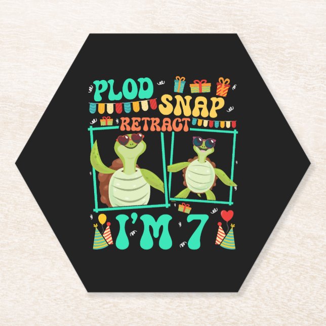 Plod Snap Retract I'm 7 Turtle Kid 7th Birthday Paper Coaster (Front)