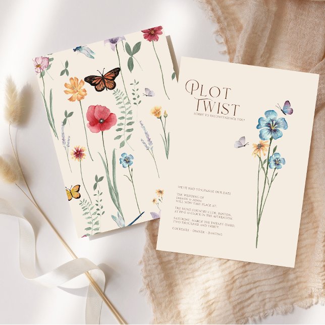 Plot Twist Blue Wildflower Wedding Change The Date Save The Date (Simple Blue Wildflower Plot Twist Wedding Save The Date)