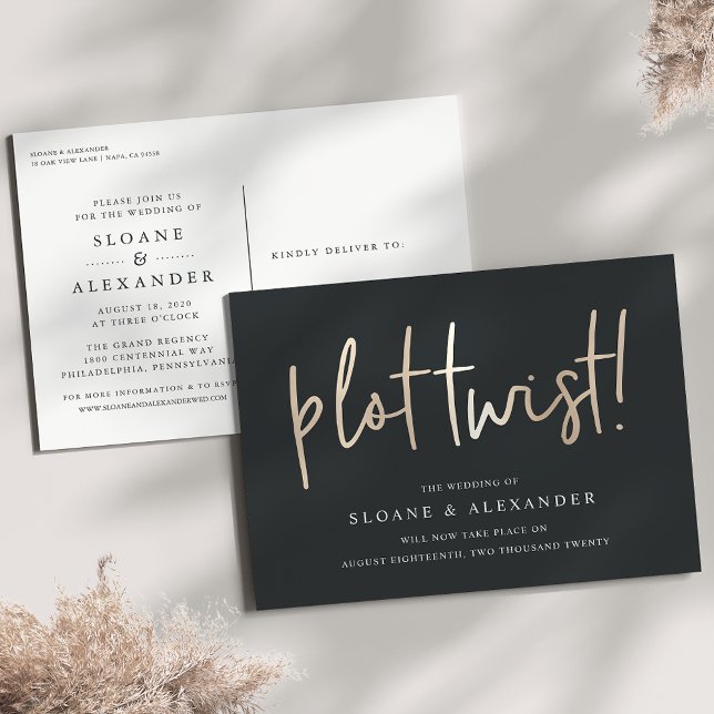 Plot Twist | Modern Faux Gold Wedding Reschedule Announcement Postcard (Creator Uploaded)