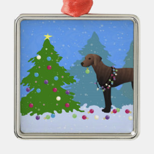 Plott Hound Decorating Tree in the Forest - Dark Metal Ornament