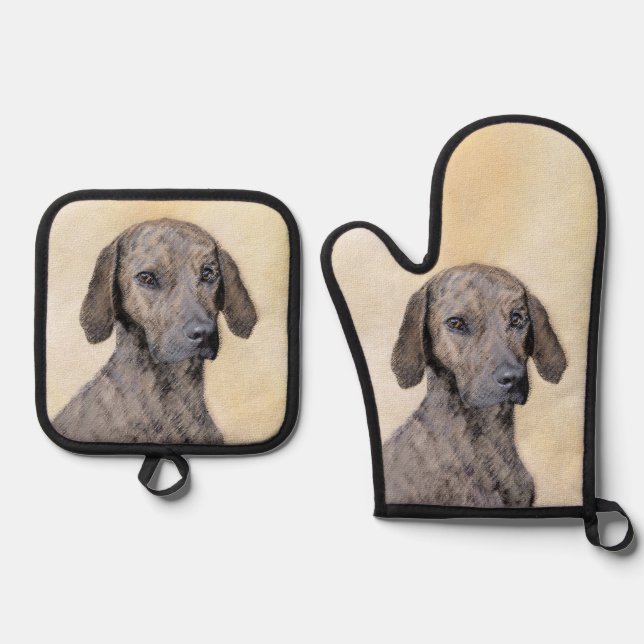 Plott Hound Painting Brindle Cute Original Dog Art Oven Mitt & Pot Holder Set (Front)