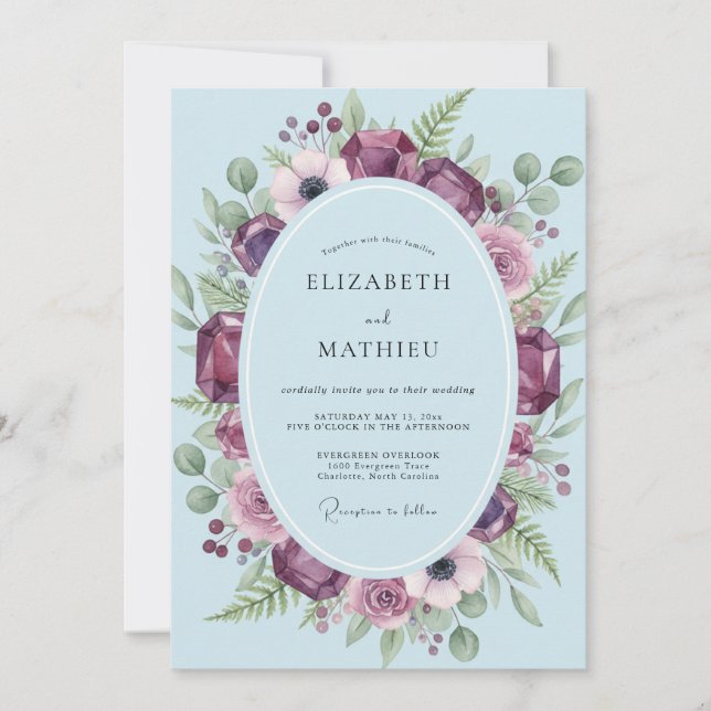 Plum Amethyst Wreath Wedding Invitation (Front)