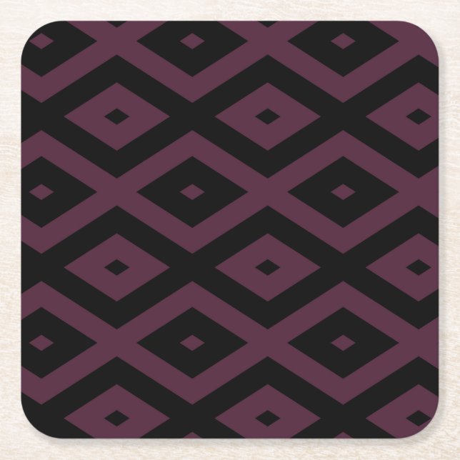 Plum and black diamond pattern square paper coaster (Front)