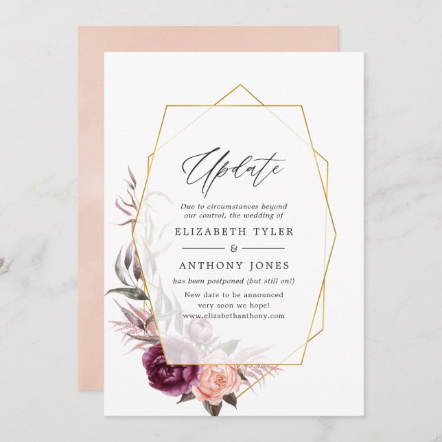 Plum and Blush Floral Geometric Wedding Update Invitation (Front/Back)