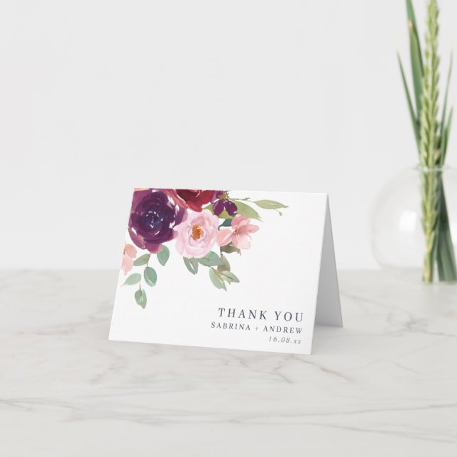 Plum and Blush Floral Wedding Thank You Card (Front)
