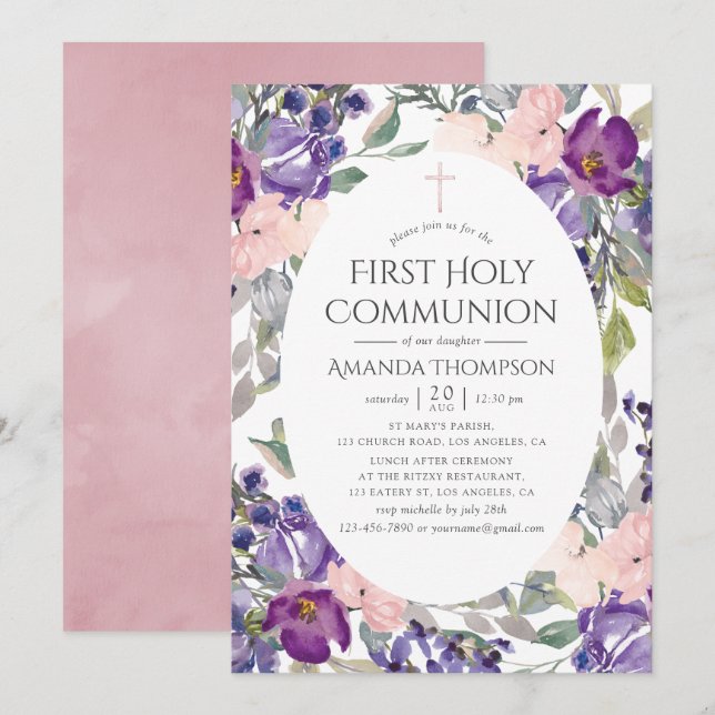 Plum and Blush Pink Floral First Holy Communion Invitation (Front/Back)