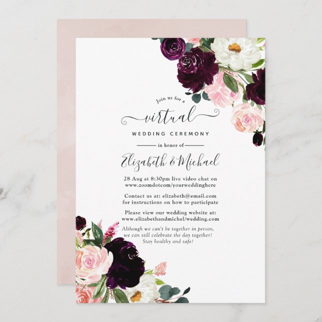 Plum and Blush Pink Online Virtual Wedding Invitation (Front/Back)