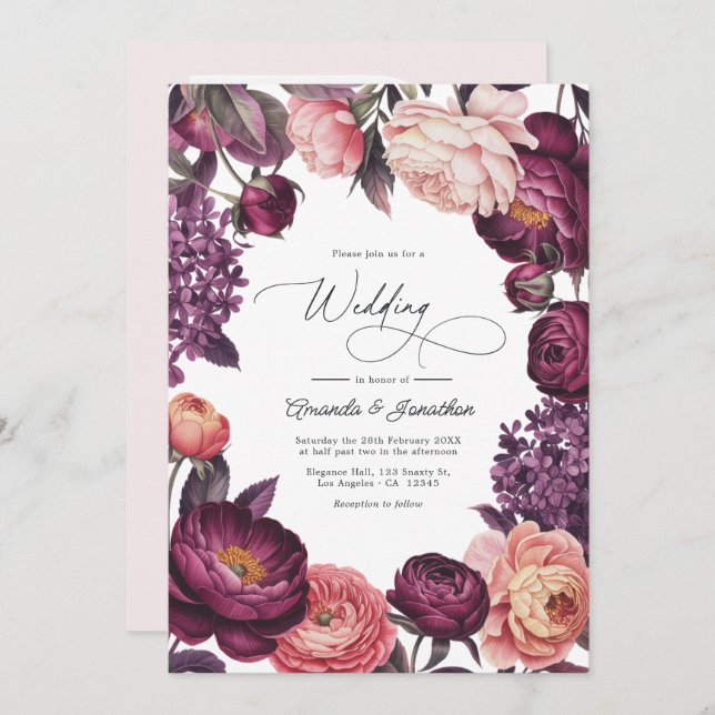 Plum and Blush Watercolor Floral Wedding Photo Invitation (Front/Back)
