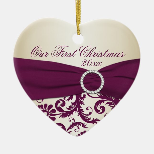 Plum and Champagne Damask First Christmas Ornament (Front)