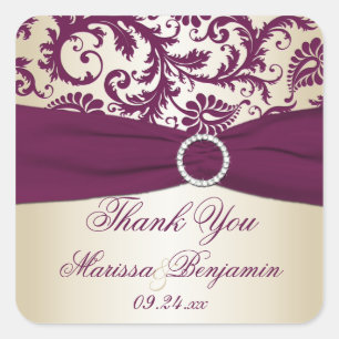 Plum and Champagne Damask Thank You Sticker