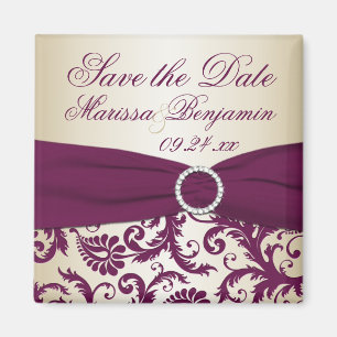 Plum and Champagne Damask Wedding Favour Magnet