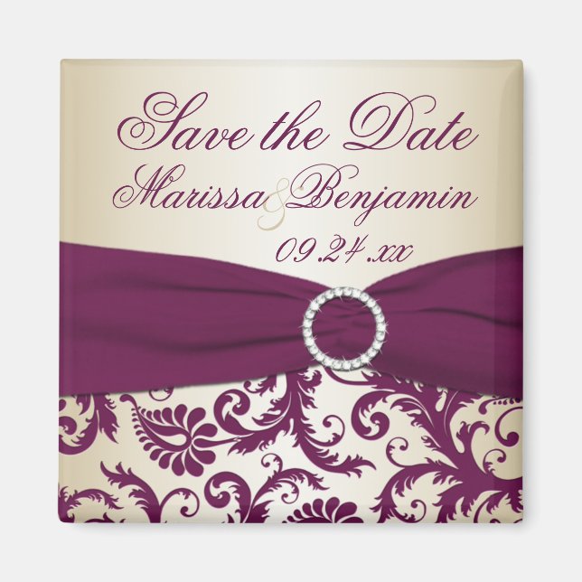 Plum and Champagne Damask Wedding Favour Magnet (Front)