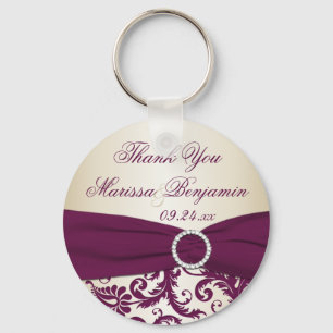 Plum and Champagne Damask with Faux Ribbon Key Ring