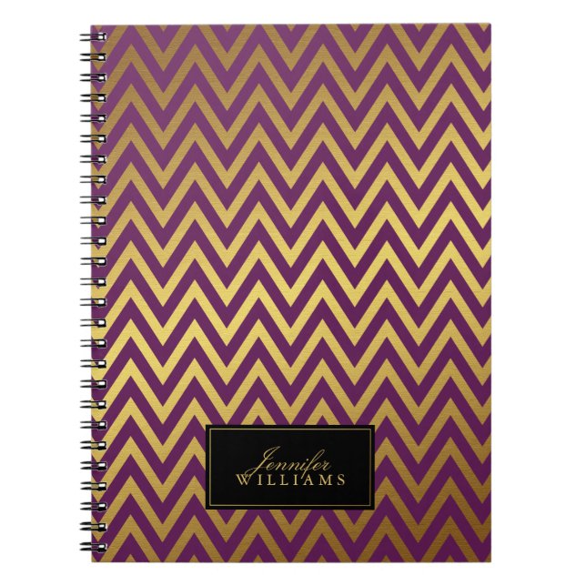Plum and Faux Gold Chevron Stripes Personalised Notebook (Front)