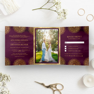 Plum and Gold Asian Mandala Indian Wedding Tri-Fold Invitation