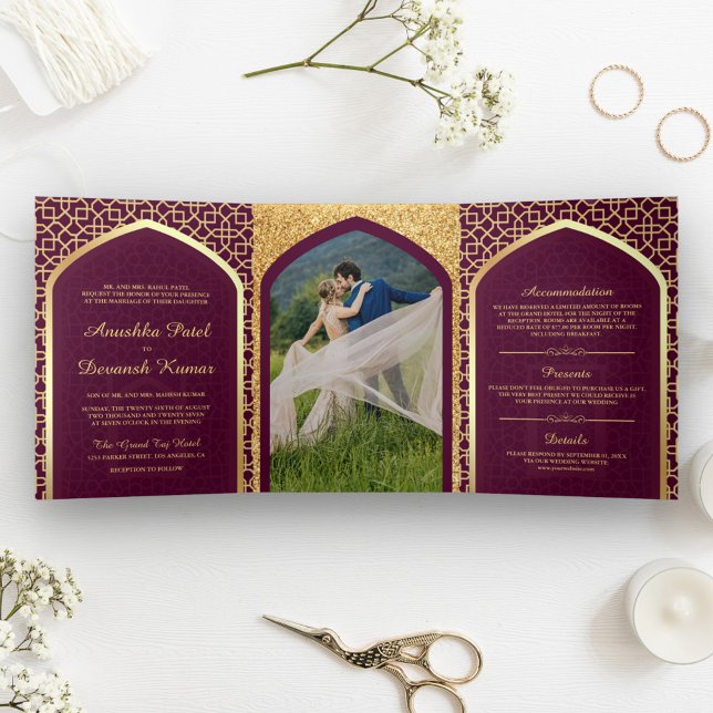 Plum and Gold Bollywood Style Indian Wedding Tri-Fold Invitation (Creator Uploaded)