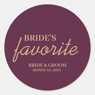 Plum and Gold Bride's Favourite Snack Wedding Classic Round Sticker