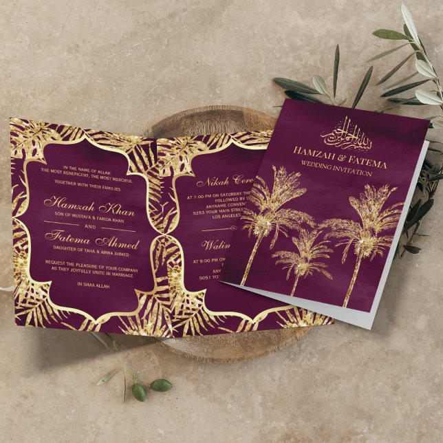 Plum and Gold Glitter Date Palm Muslim Wedding Invitation (Creator Uploaded)