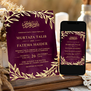 Plum and Gold Leaves Islamic Muslim Wedding Invitation