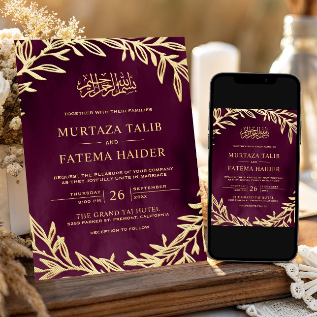 Plum and Gold Leaves Islamic Muslim Wedding Invitation (Creator Uploaded)