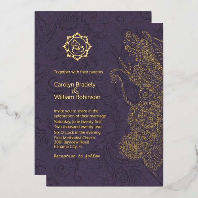Plum and Gold Mandala and Ganesha Wedding Foil  (Front/Back)