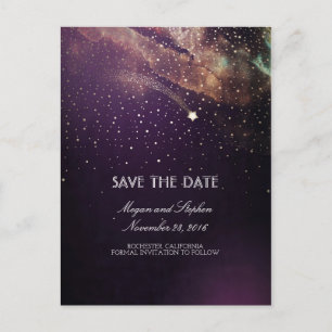Plum and Gold Shooting Star Night Save The Date Announcement Postcard