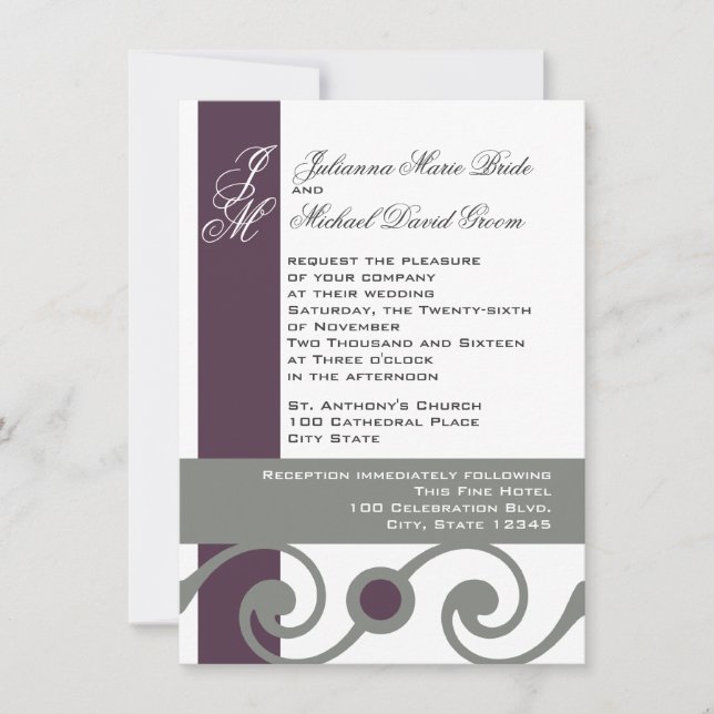 Plum and Grey Scroll Invitation (Front)