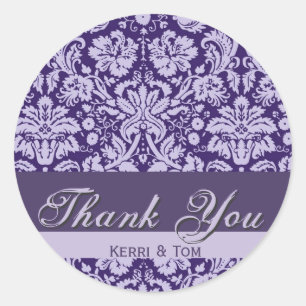 PLUM and LAVENDER PURPLE Damask Wedding THANK YOU Classic Round Sticker