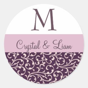 PLUM and LILAC PINK Damask Wedding Monogram Classic Round Sticker