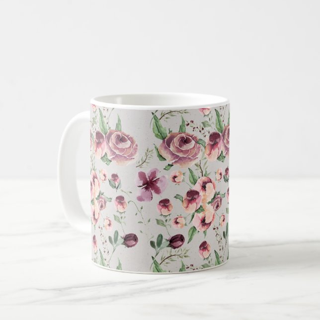 Plum and Mauve Rose Contemporary Floral Coffee Mug (Front Left)