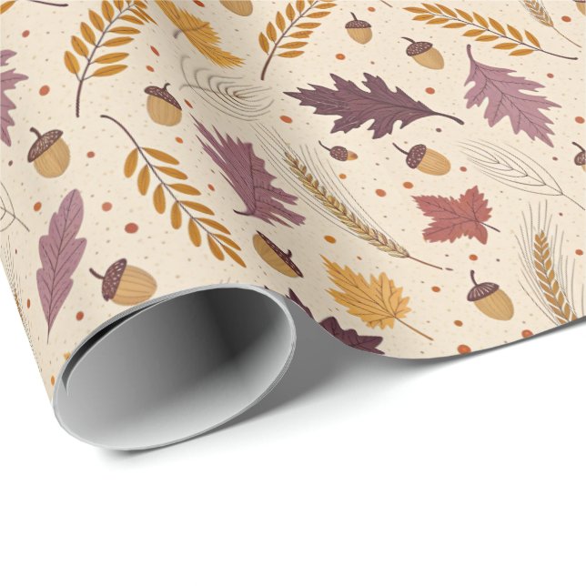 Plum and Mustard Autumn Leaf Pattern Wrapping Paper (Roll Corner)