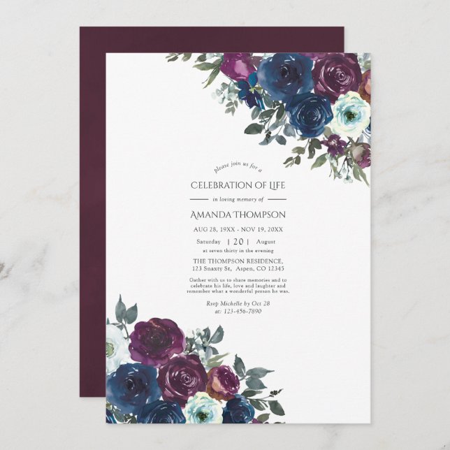 Plum and Navy Floral Celebration of Life Photo Invitation (Front/Back)