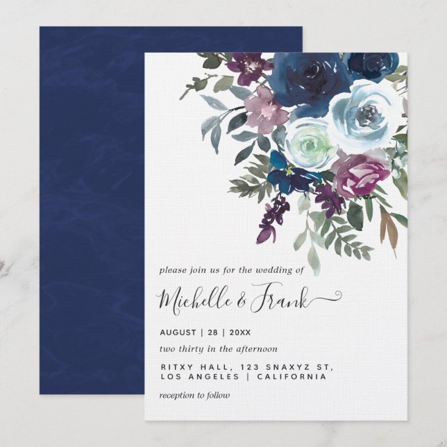 Plum and Navy Floral Wedding Invitation (Front/Back)