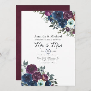 Plum and Navy Floral Wedding Invitation