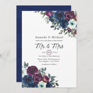 Plum and Navy Floral Wedding Invitation