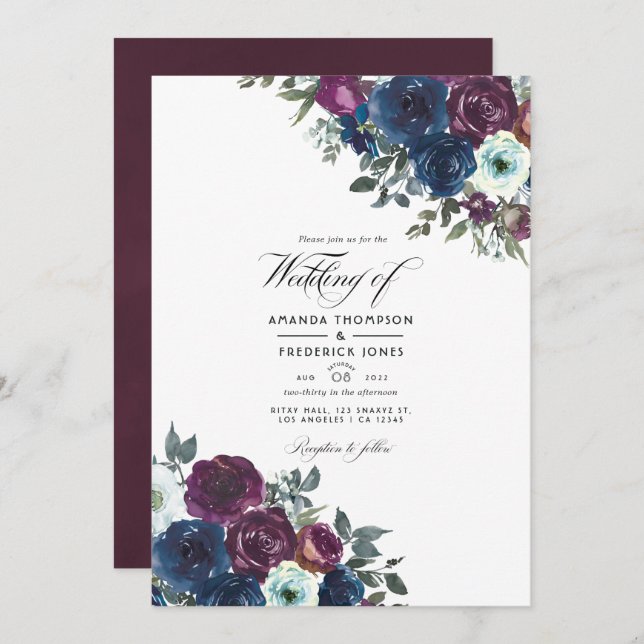 Plum and Navy Floral Wedding Photo Invitation (Front/Back)