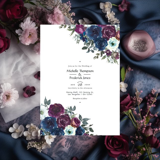 Plum and Navy Floral Wedding Photo Invitation (Creator Uploaded)